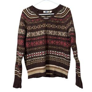 Old Navy Fair Isle Sweater V‎ Neck Pullover Lambswool Sz Large Holiday Christmas